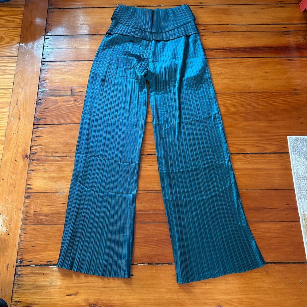Andrea Iyamah Teal Wide-Leg Pleated Pants - Picture 5 of 6